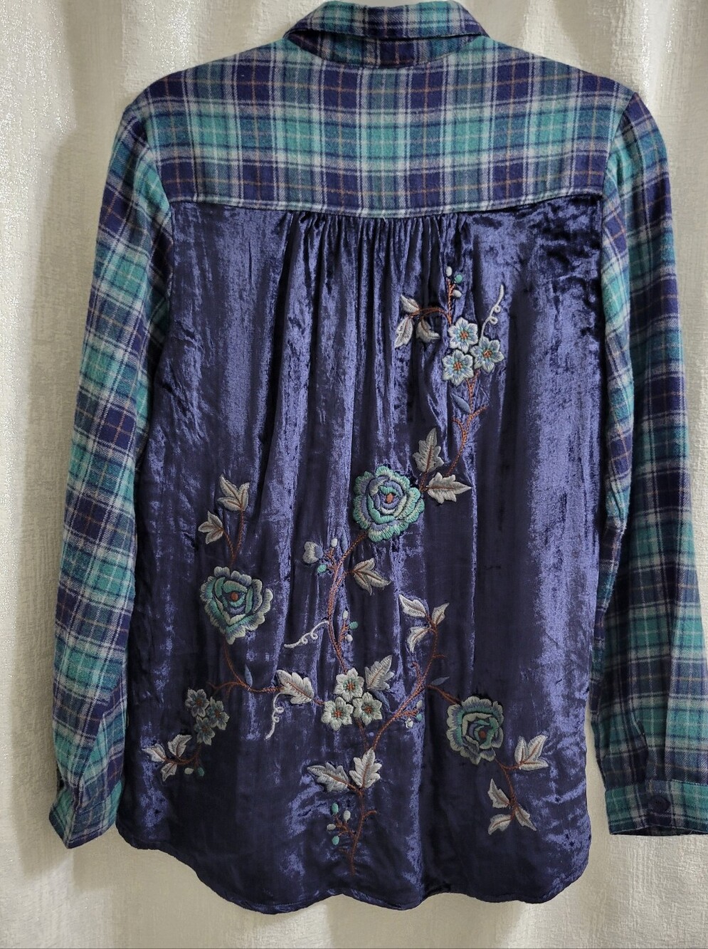 April Cornell Plaid Velvet Embroidery Shirt